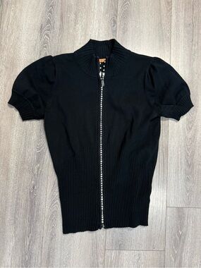 Black Bellidini Short puff Sleeve rhinestone Zip Cardigan